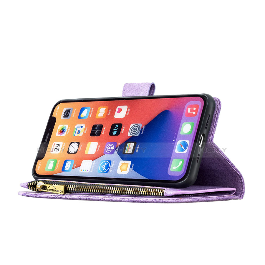 Custodia Portafoglio In Pelle Farfalla Cover con Supporto L08 per Apple iPhone 13 Mini Viola