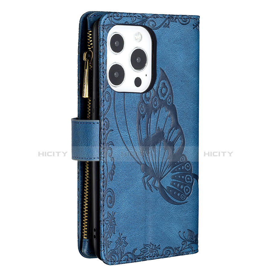 Custodia Portafoglio In Pelle Farfalla Cover con Supporto L08 per Apple iPhone 13 Pro Max Blu