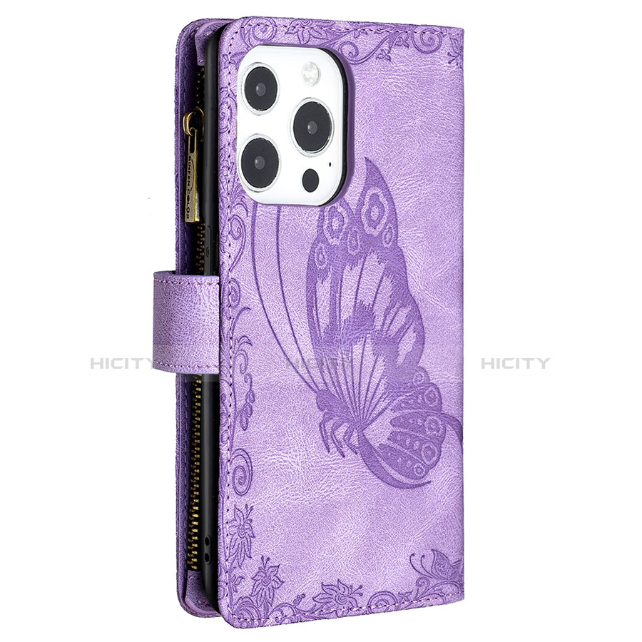 Custodia Portafoglio In Pelle Farfalla Cover con Supporto L08 per Apple iPhone 13 Pro Max Viola