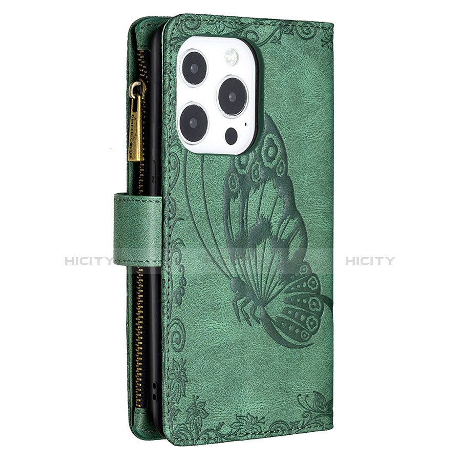 Custodia Portafoglio In Pelle Farfalla Cover con Supporto L08 per Apple iPhone 13 Pro Verde