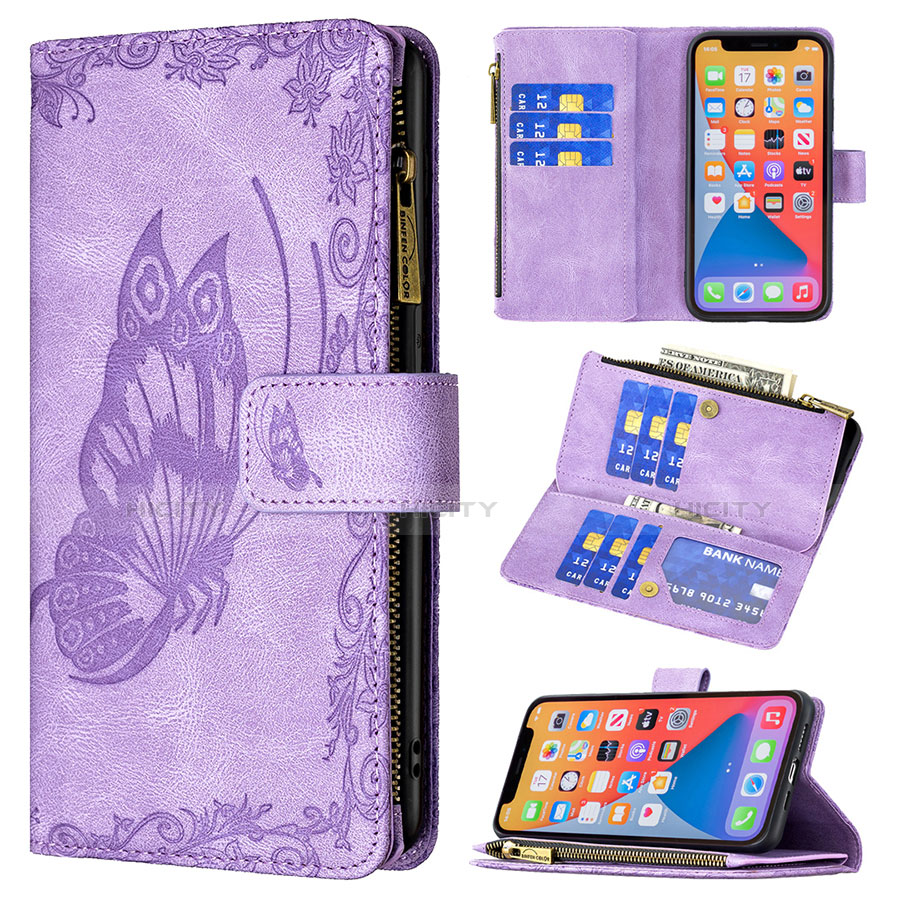 Custodia Portafoglio In Pelle Farfalla Cover con Supporto L08 per Apple iPhone 13 Pro Viola