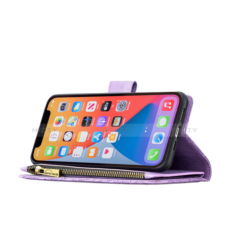 Custodia Portafoglio In Pelle Farfalla Cover con Supporto L08 per Apple iPhone 13 Pro Viola