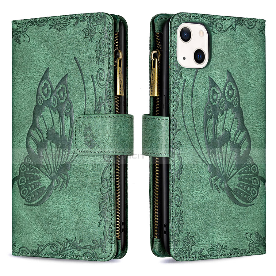 Custodia Portafoglio In Pelle Farfalla Cover con Supporto L08 per Apple iPhone 13 Verde