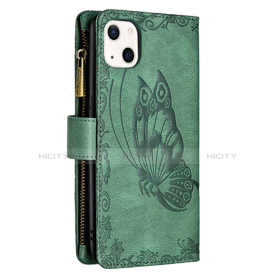 Custodia Portafoglio In Pelle Farfalla Cover con Supporto L08 per Apple iPhone 13 Verde