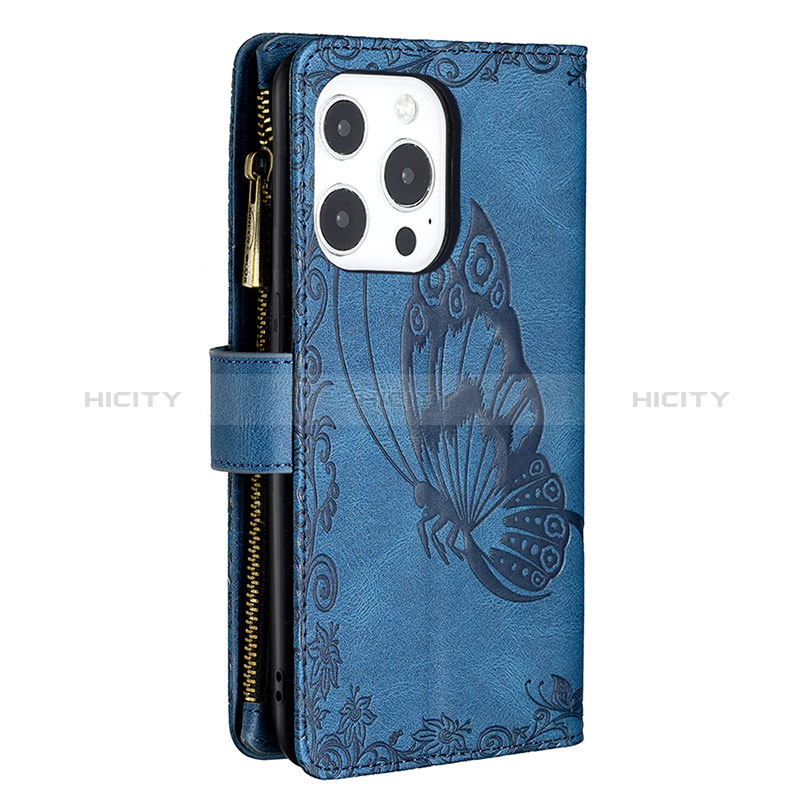 Custodia Portafoglio In Pelle Farfalla Cover con Supporto L08 per Apple iPhone 14 Pro Blu