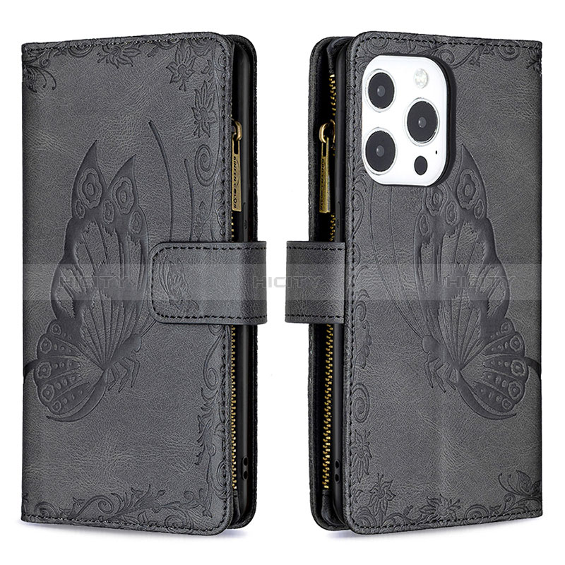 Custodia Portafoglio In Pelle Farfalla Cover con Supporto L08 per Apple iPhone 14 Pro Max Nero