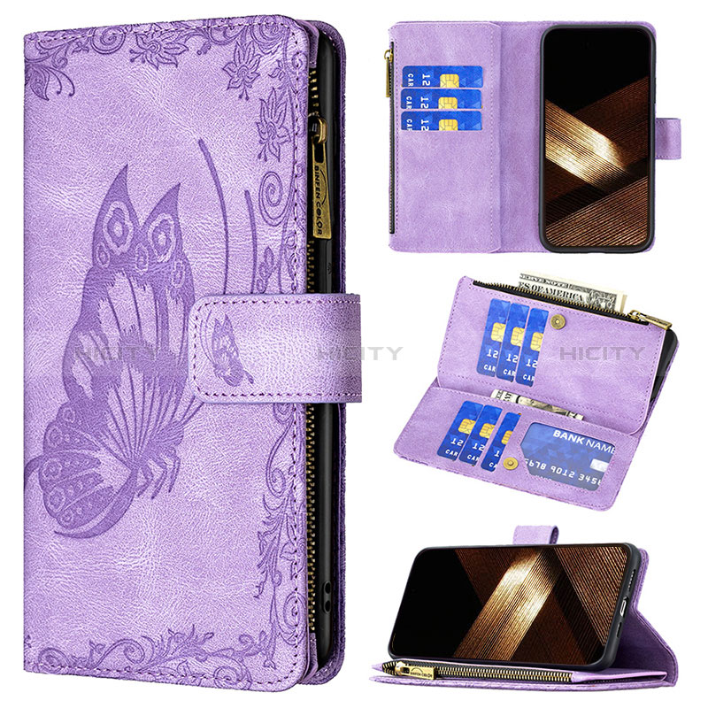 Custodia Portafoglio In Pelle Farfalla Cover con Supporto L08 per Apple iPhone 14 Pro Max Viola