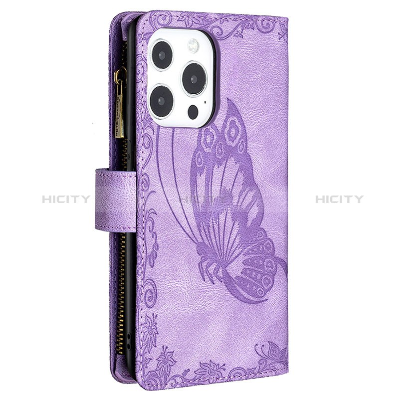 Custodia Portafoglio In Pelle Farfalla Cover con Supporto L08 per Apple iPhone 14 Pro Max Viola