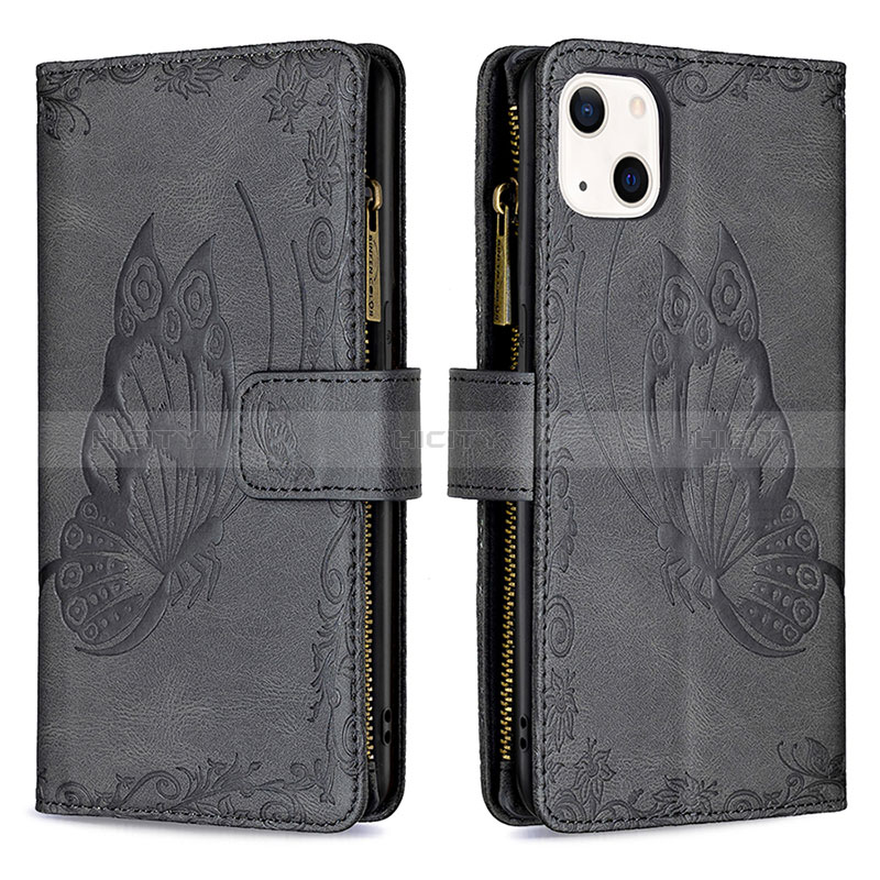 Custodia Portafoglio In Pelle Farfalla Cover con Supporto L08 per Apple iPhone 15 Nero