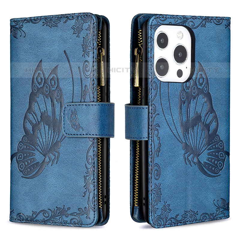 Custodia Portafoglio In Pelle Farfalla Cover con Supporto L08 per Apple iPhone 15 Pro Blu