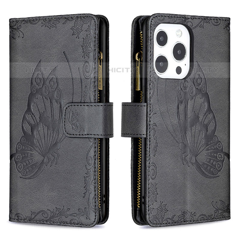 Custodia Portafoglio In Pelle Farfalla Cover con Supporto L08 per Apple iPhone 15 Pro Max Nero