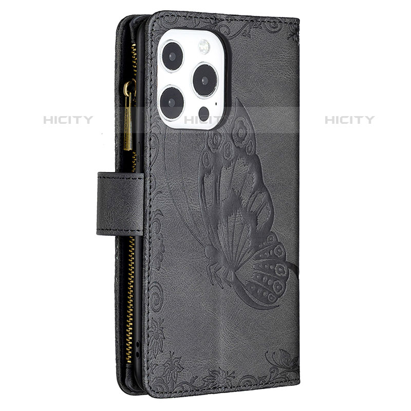 Custodia Portafoglio In Pelle Farfalla Cover con Supporto L08 per Apple iPhone 15 Pro Nero