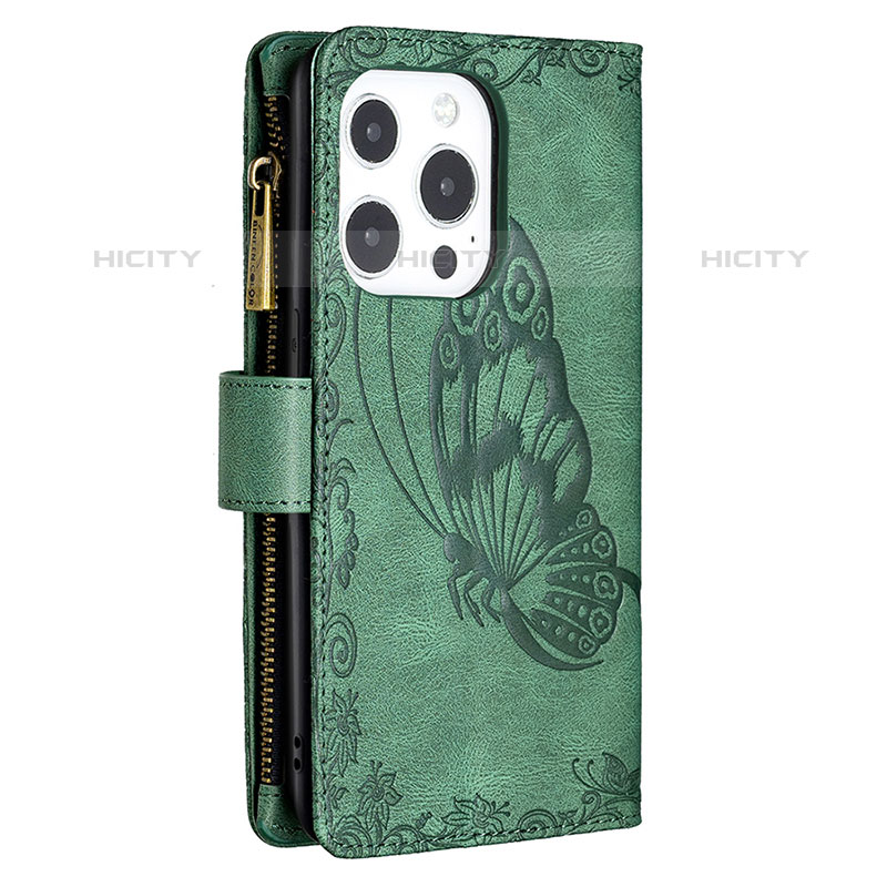 Custodia Portafoglio In Pelle Farfalla Cover con Supporto L08 per Apple iPhone 15 Pro Verde