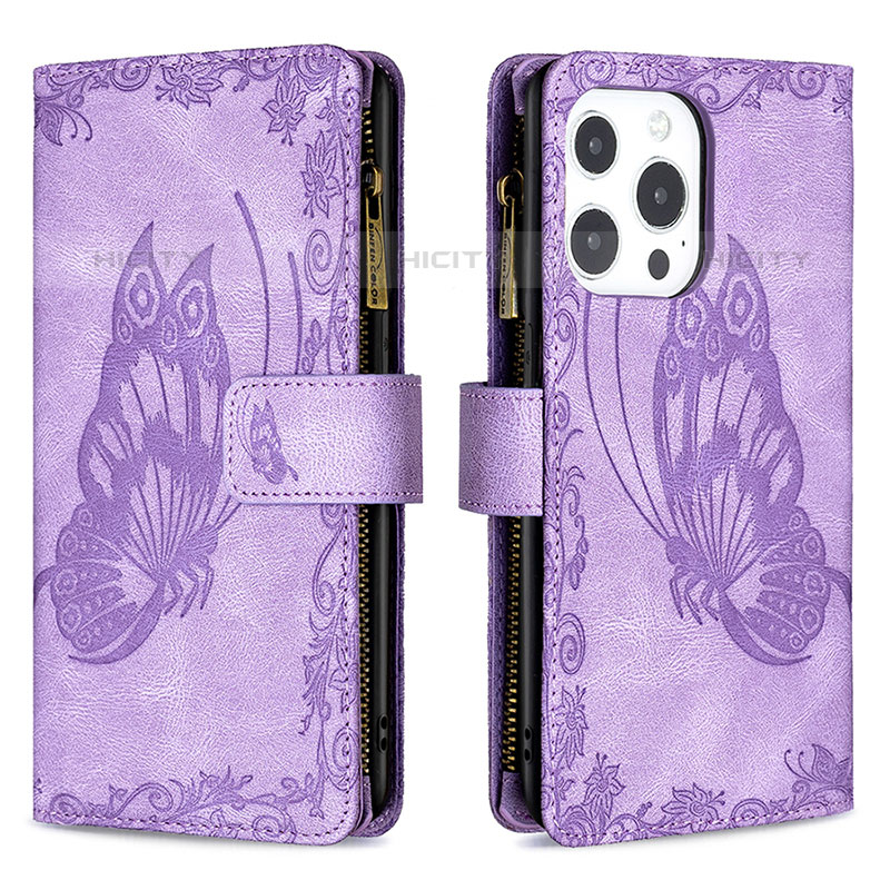 Custodia Portafoglio In Pelle Farfalla Cover con Supporto L08 per Apple iPhone 15 Pro Viola