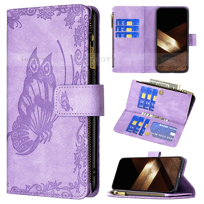 Custodia Portafoglio In Pelle Farfalla Cover con Supporto L08 per Apple iPhone 15 Pro Viola