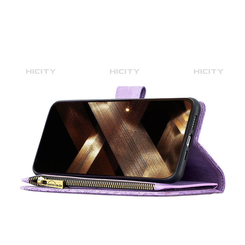 Custodia Portafoglio In Pelle Farfalla Cover con Supporto L08 per Apple iPhone 15 Pro Viola