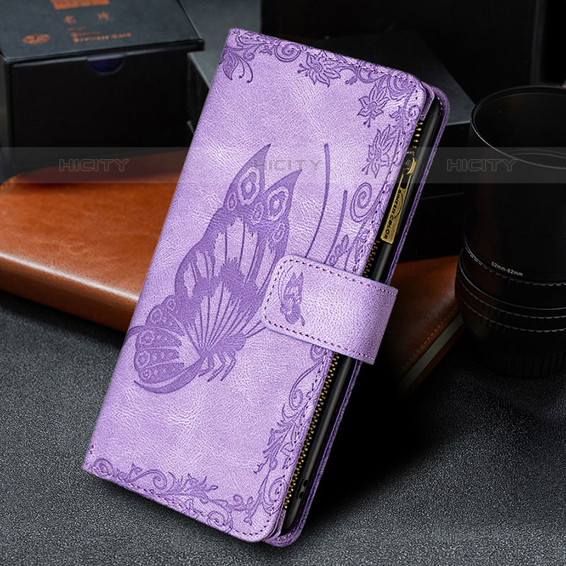 Custodia Portafoglio In Pelle Farfalla Cover con Supporto L08 per Apple iPhone 15 Pro Viola