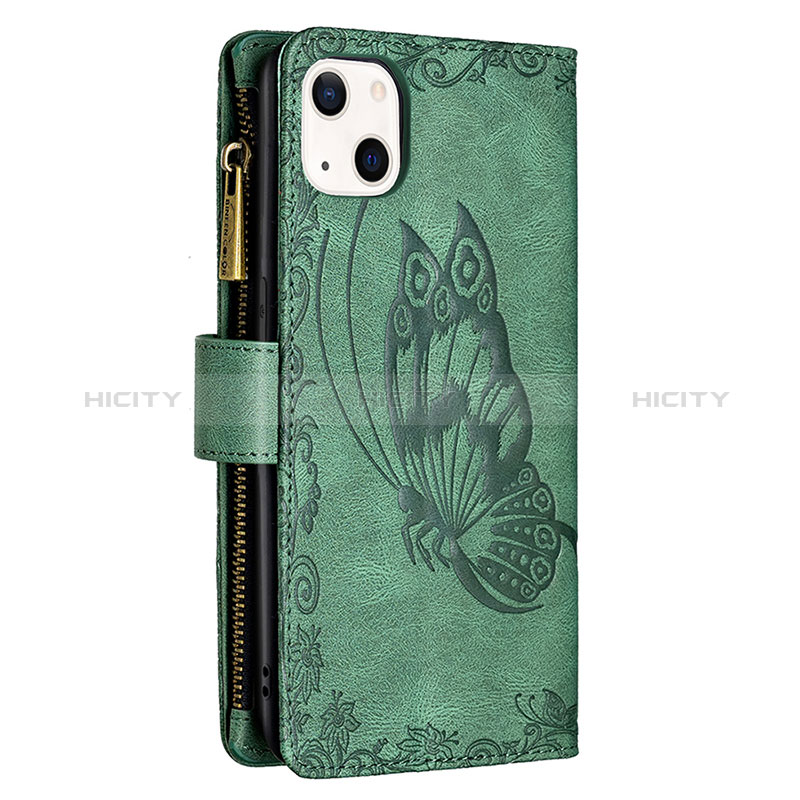 Custodia Portafoglio In Pelle Farfalla Cover con Supporto L08 per Apple iPhone 15 Verde