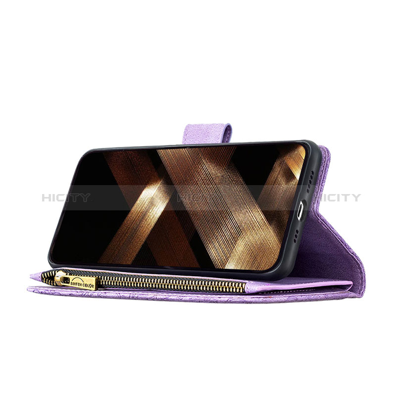 Custodia Portafoglio In Pelle Farfalla Cover con Supporto L08 per Apple iPhone 15 Viola