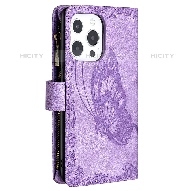 Custodia Portafoglio In Pelle Farfalla Cover con Supporto L08 per Apple iPhone 16 Pro Max Viola