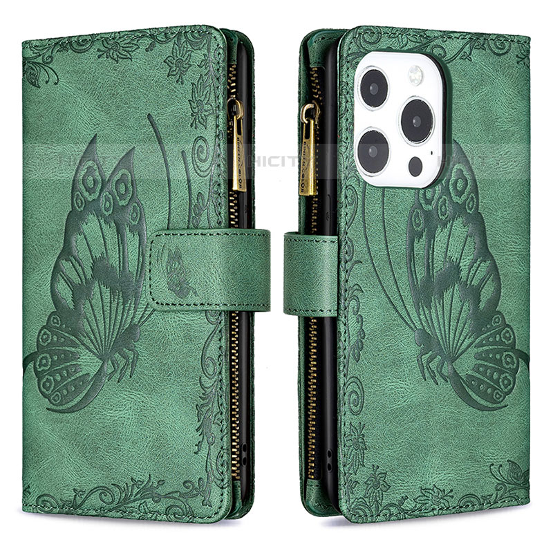 Custodia Portafoglio In Pelle Farfalla Cover con Supporto L08 per Apple iPhone 16 Pro Verde