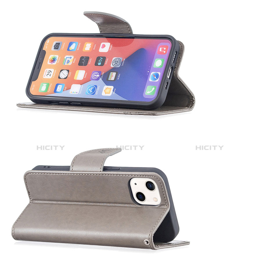 Custodia Portafoglio In Pelle Farfalla Cover con Supporto L09 per Apple iPhone 13 Grigio