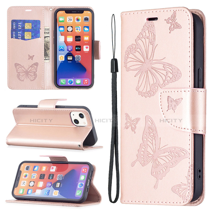 Custodia Portafoglio In Pelle Farfalla Cover con Supporto L09 per Apple iPhone 13 Mini Rosa