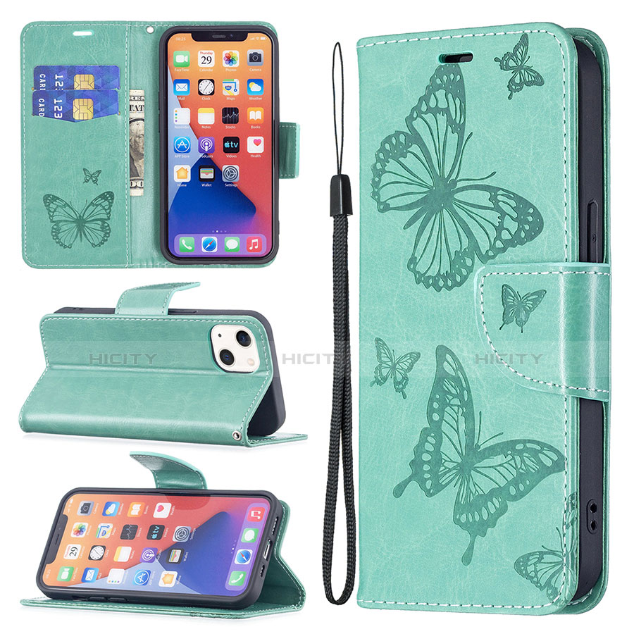 Custodia Portafoglio In Pelle Farfalla Cover con Supporto L09 per Apple iPhone 13 Mini Verde