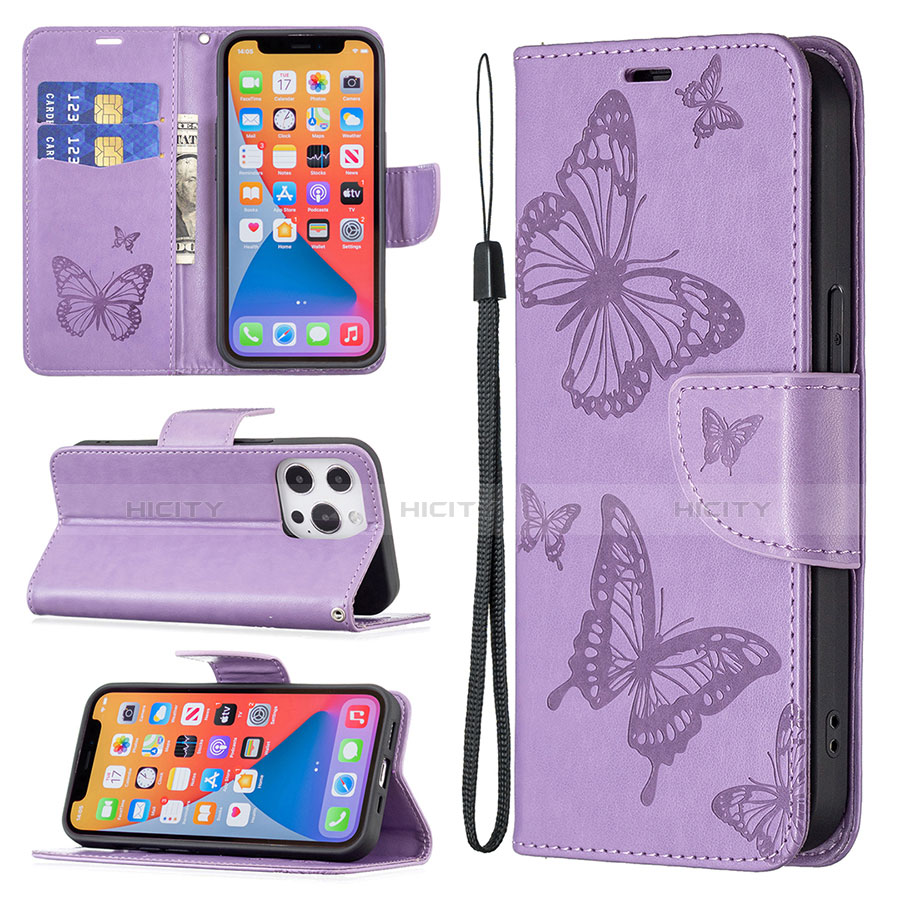 Custodia Portafoglio In Pelle Farfalla Cover con Supporto L09 per Apple iPhone 13 Pro Max Viola