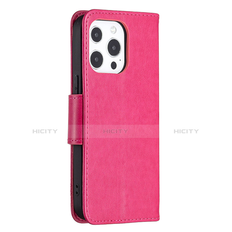 Custodia Portafoglio In Pelle Farfalla Cover con Supporto L09 per Apple iPhone 13 Pro Rosa Caldo