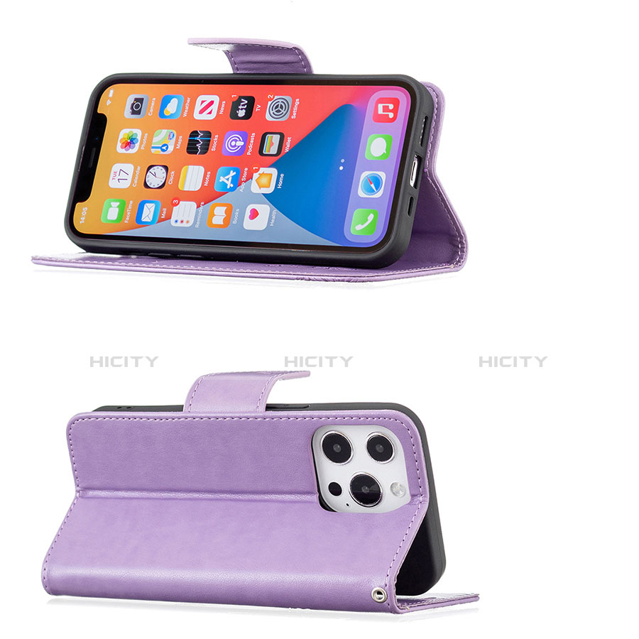 Custodia Portafoglio In Pelle Farfalla Cover con Supporto L09 per Apple iPhone 13 Pro Viola