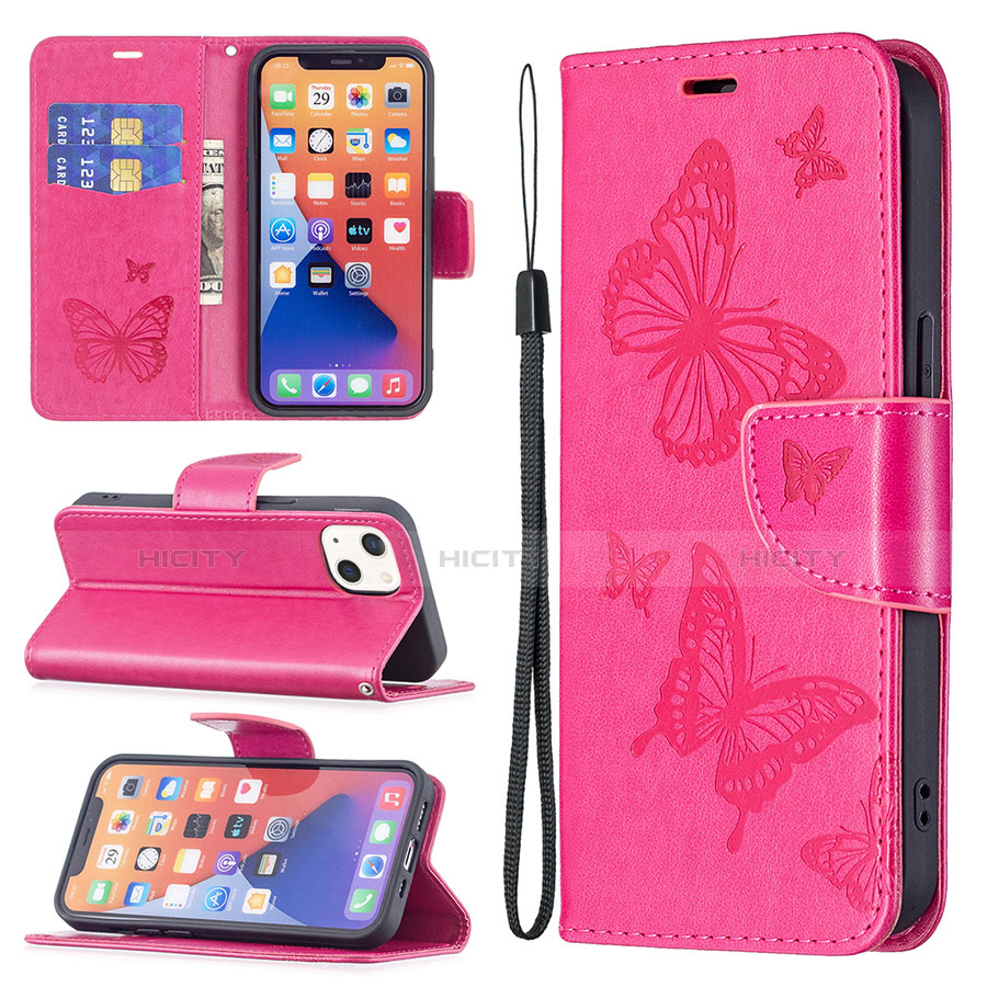 Custodia Portafoglio In Pelle Farfalla Cover con Supporto L09 per Apple iPhone 13 Rosa Caldo