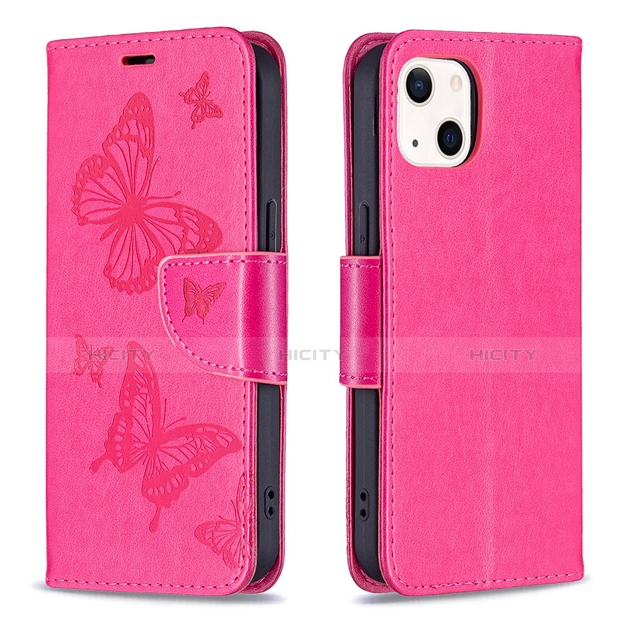 Custodia Portafoglio In Pelle Farfalla Cover con Supporto L09 per Apple iPhone 13 Rosa Caldo