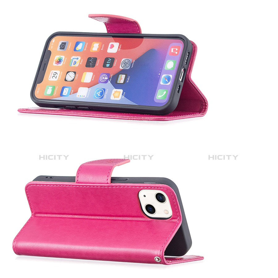 Custodia Portafoglio In Pelle Farfalla Cover con Supporto L09 per Apple iPhone 13 Rosa Caldo