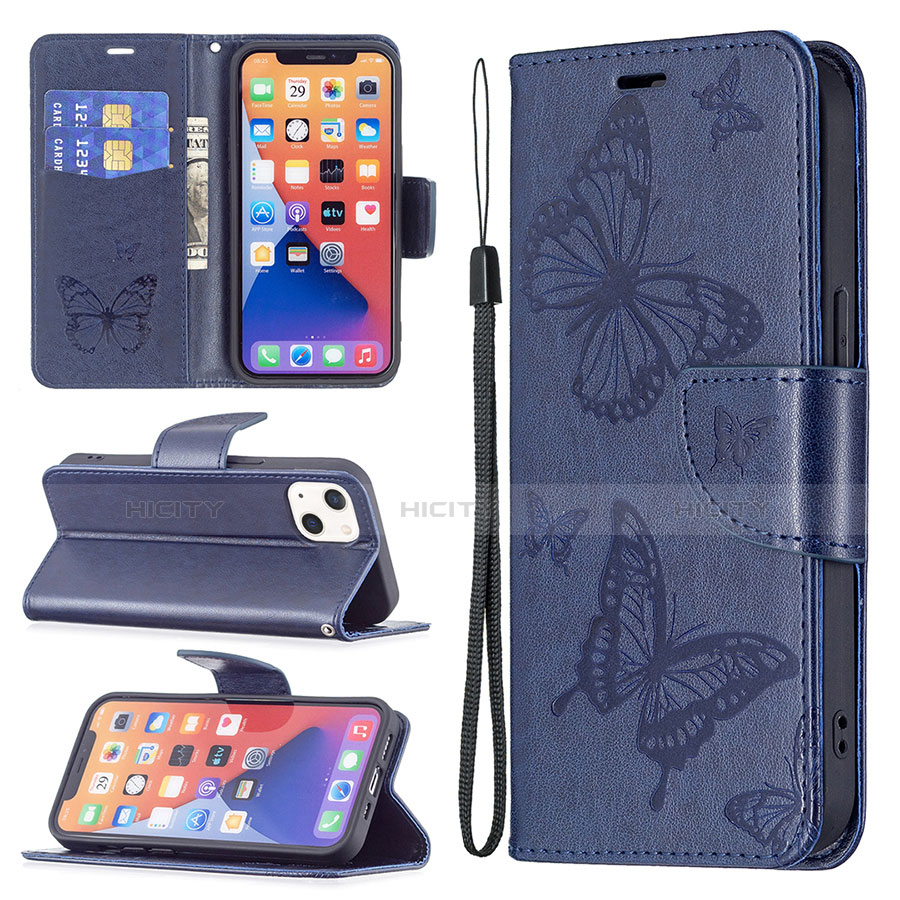 Custodia Portafoglio In Pelle Farfalla Cover con Supporto L09 per Apple iPhone 14 Blu