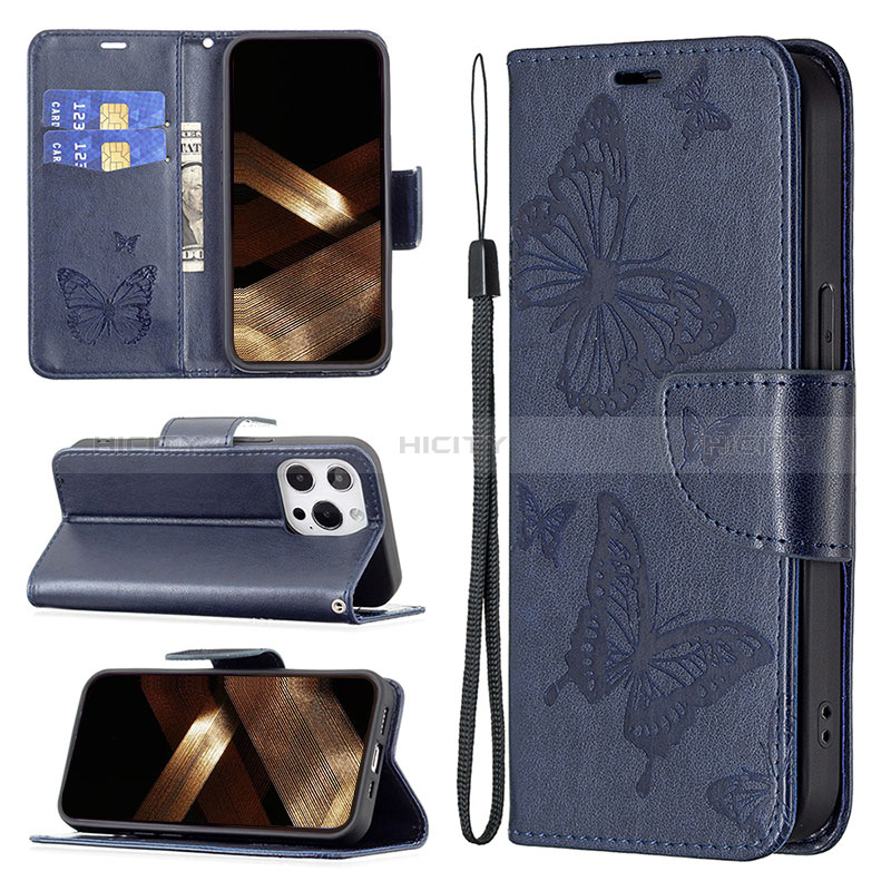 Custodia Portafoglio In Pelle Farfalla Cover con Supporto L09 per Apple iPhone 14 Pro Blu