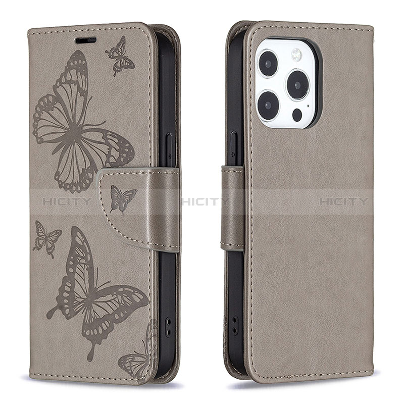 Custodia Portafoglio In Pelle Farfalla Cover con Supporto L09 per Apple iPhone 14 Pro Grigio Scuro