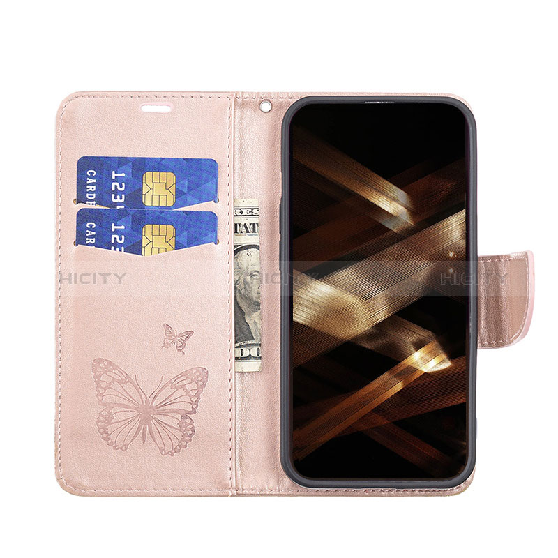 Custodia Portafoglio In Pelle Farfalla Cover con Supporto L09 per Apple iPhone 14 Pro Rosa