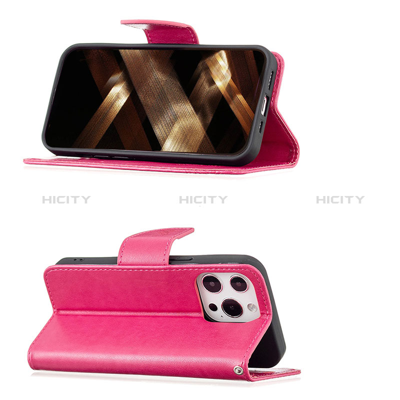 Custodia Portafoglio In Pelle Farfalla Cover con Supporto L09 per Apple iPhone 14 Pro Rosa Caldo