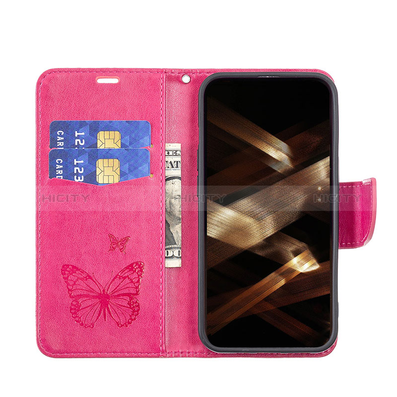 Custodia Portafoglio In Pelle Farfalla Cover con Supporto L09 per Apple iPhone 14 Pro Rosa Caldo