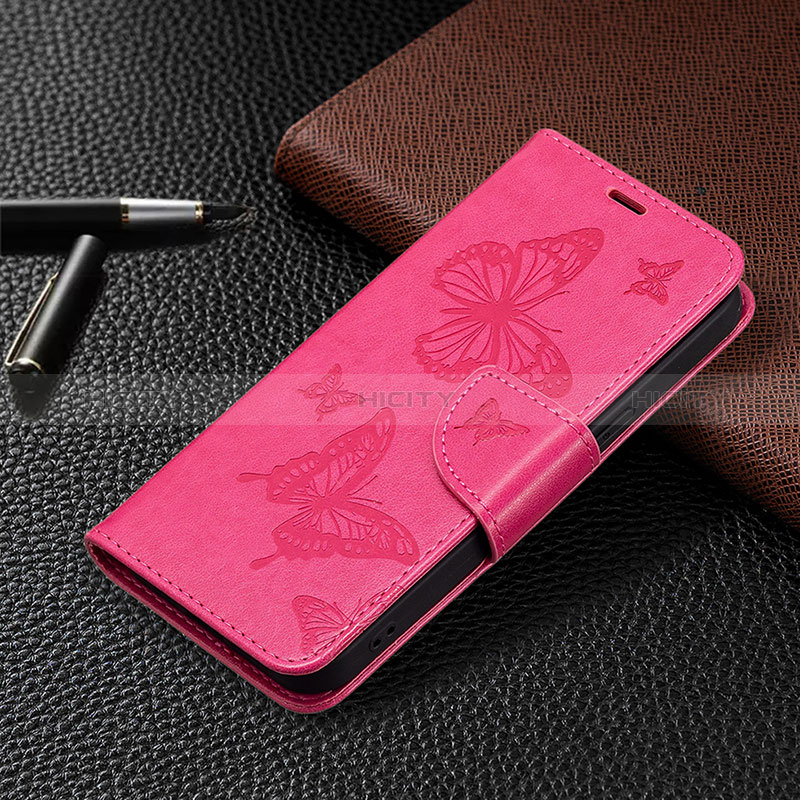 Custodia Portafoglio In Pelle Farfalla Cover con Supporto L09 per Apple iPhone 14 Pro Rosa Caldo