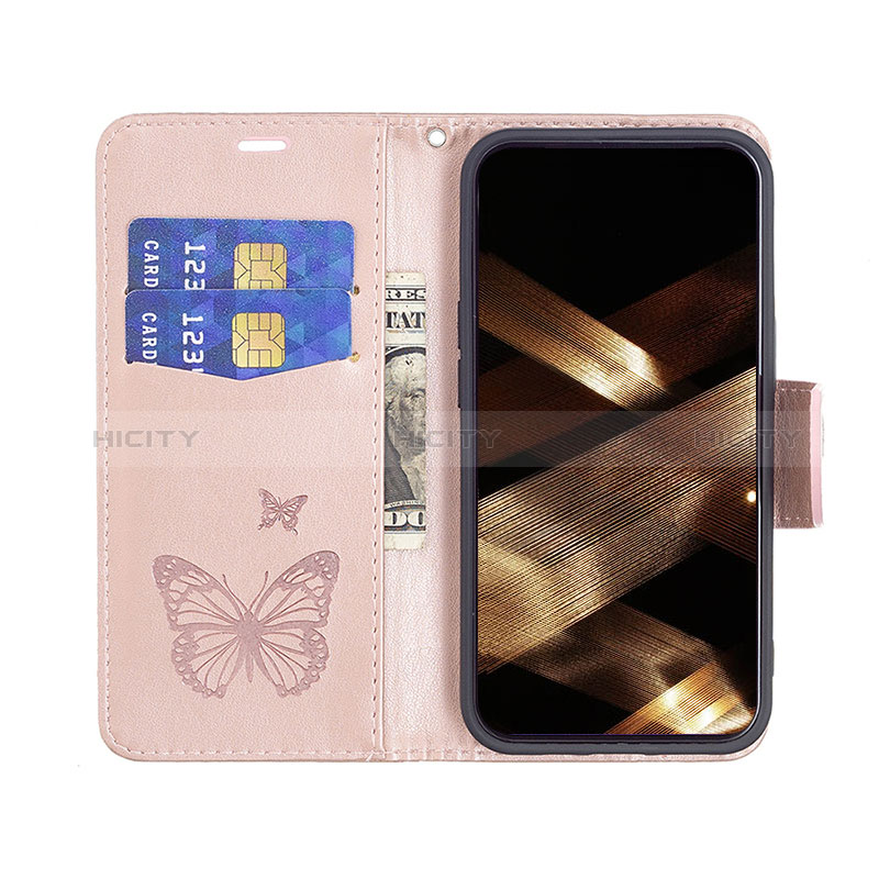 Custodia Portafoglio In Pelle Farfalla Cover con Supporto L09 per Apple iPhone 15 Plus Rosa