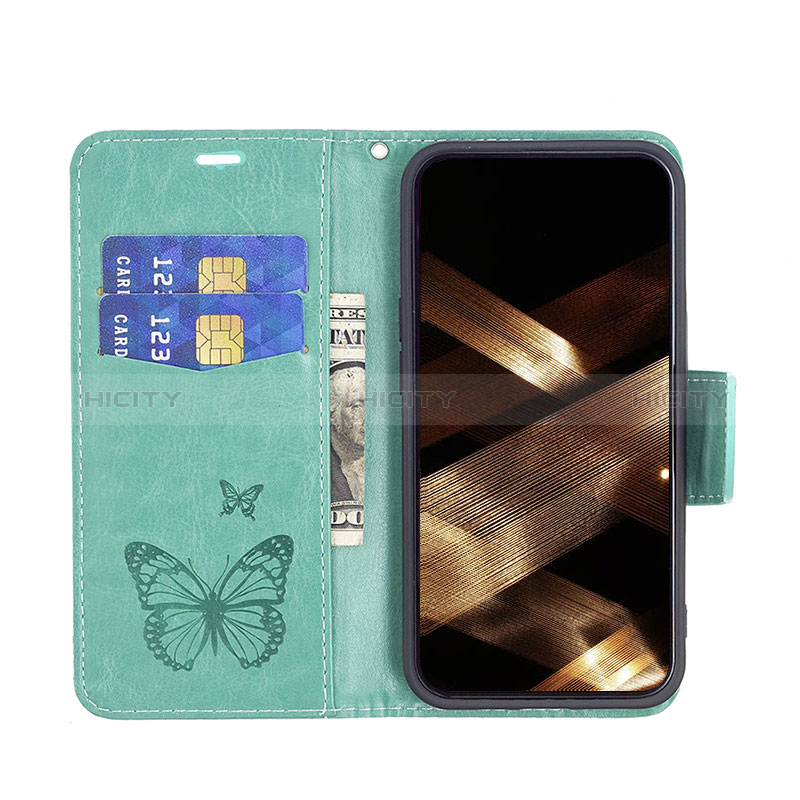 Custodia Portafoglio In Pelle Farfalla Cover con Supporto L09 per Apple iPhone 15 Plus Verde