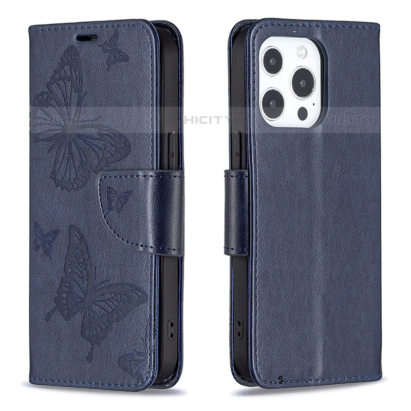 Custodia Portafoglio In Pelle Farfalla Cover con Supporto L09 per Apple iPhone 15 Pro Blu