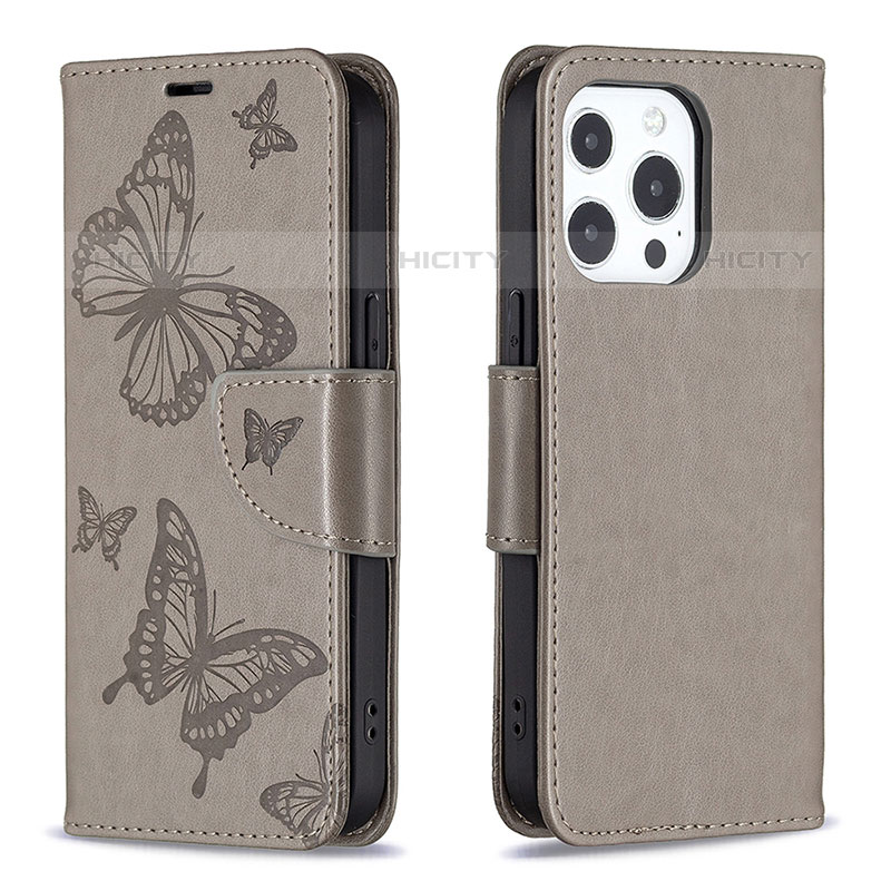 Custodia Portafoglio In Pelle Farfalla Cover con Supporto L09 per Apple iPhone 15 Pro Grigio Scuro