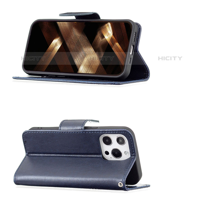 Custodia Portafoglio In Pelle Farfalla Cover con Supporto L09 per Apple iPhone 15 Pro Max Blu