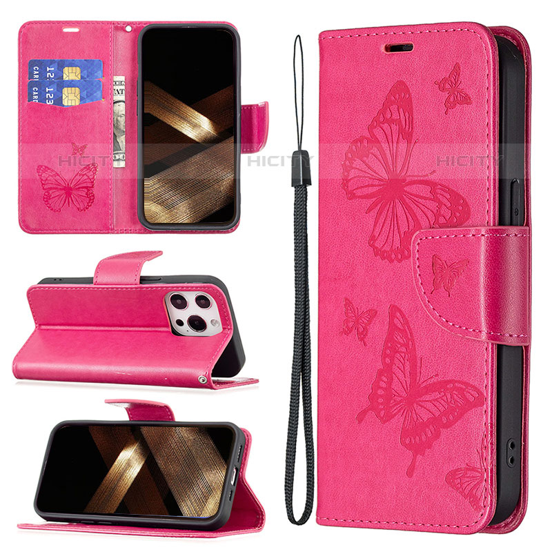 Custodia Portafoglio In Pelle Farfalla Cover con Supporto L09 per Apple iPhone 15 Pro Max Rosa Caldo