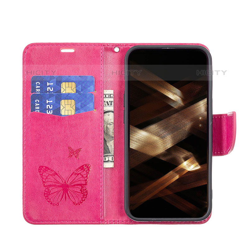 Custodia Portafoglio In Pelle Farfalla Cover con Supporto L09 per Apple iPhone 15 Pro Max Rosa Caldo