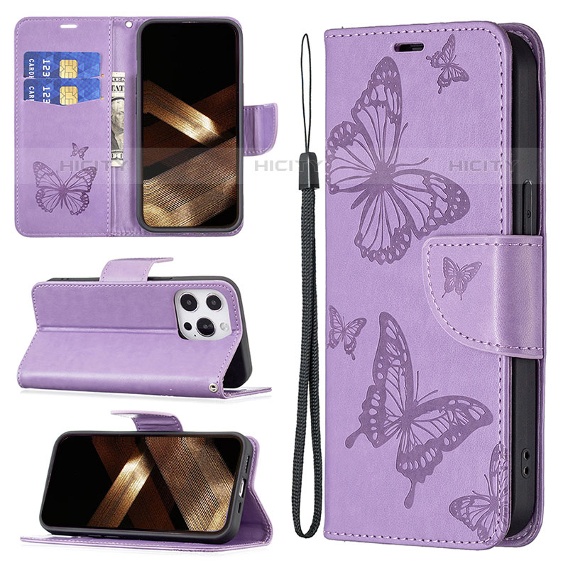 Custodia Portafoglio In Pelle Farfalla Cover con Supporto L09 per Apple iPhone 15 Pro Max Viola