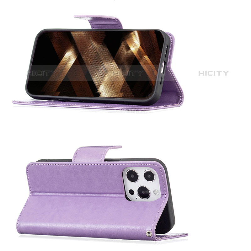 Custodia Portafoglio In Pelle Farfalla Cover con Supporto L09 per Apple iPhone 15 Pro Max Viola